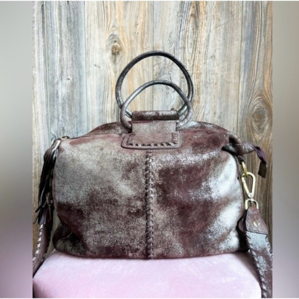 Hobo International Shelia Brown Metallic Distressed Leather Whipstitch Satchel